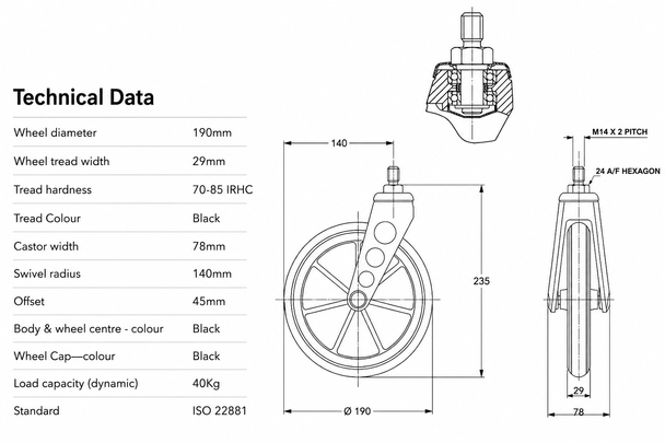 Colson 190x29mm Black Castor Wheel with Fork for many standard NHS Style Wheelchairs