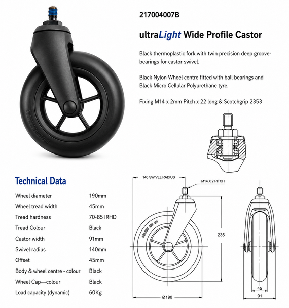 Colson 190x45mm Black Castor Wheel with Fork for Standard NHS Style Wheelchairs