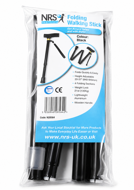 NRS Lightweight Folding Black Walking Stick with Wooden Handle