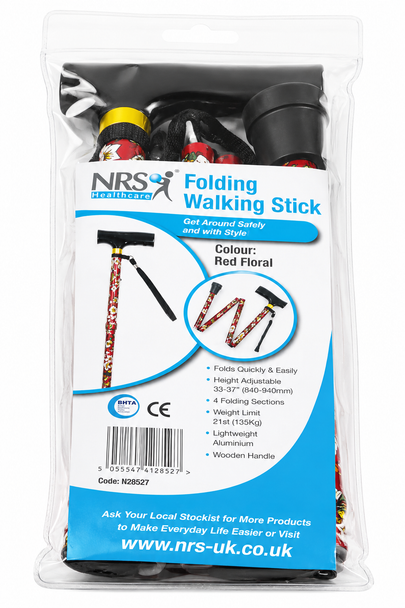 NRS Lightweight Folding Red Floral Walking Stick with Wooden Handle
