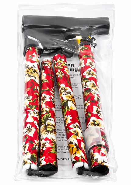 NRS Lightweight Folding Red Floral Walking Stick with Wooden Handle