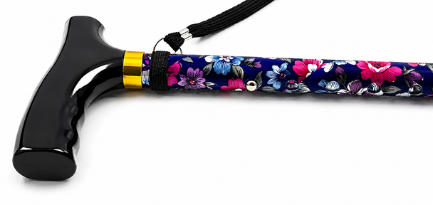 NRS Lightweight Folding Blue Floral Walking Stick with Wooden Handle