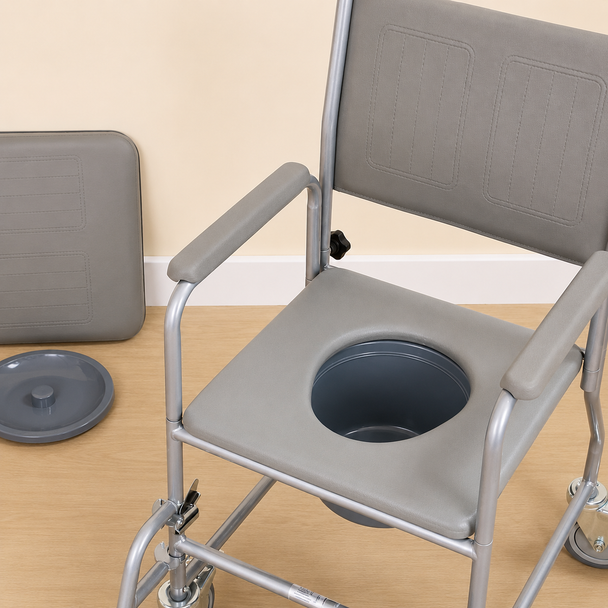 Wheeled Commode Fixed Height Removeable Leg Rests & Arm Rests