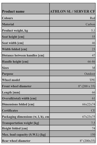 Red Medium 55cm ATHLON SL / SERVER CF Carbon Ultralight Rollator Walker TPE Wheels