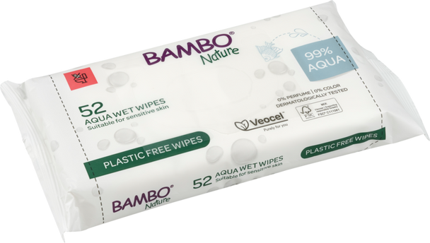 Bambo Nature Aqua Wet Wipes 3 packs (156 Wipes) Plastic Free Dermatologically Tested for Sensitive Skin