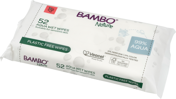 Bambo Nature Aqua Wet Wipes 3 packs (156 Wipes) Plastic Free Dermatologically Tested for Sensitive Skin
