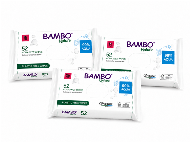 Bambo Nature Aqua Wet Wipes 3 packs (156 Wipes) Plastic Free Dermatologically Tested for Sensitive Skin