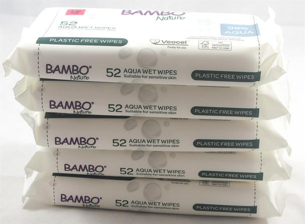 Bambo Nature Aqua Wet Wipes 5 packs (260 Wipes) Plastic Free Dermatologically Tested for Sensitive Skin