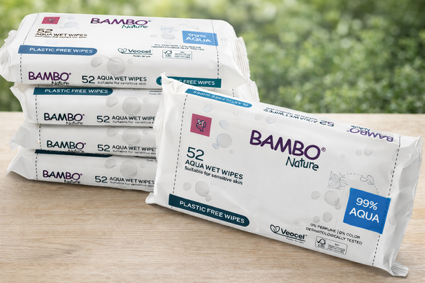Bambo Nature Aqua Wet Wipes 5 packs (260 Wipes) Plastic Free Dermatologically Tested for Sensitive Skin