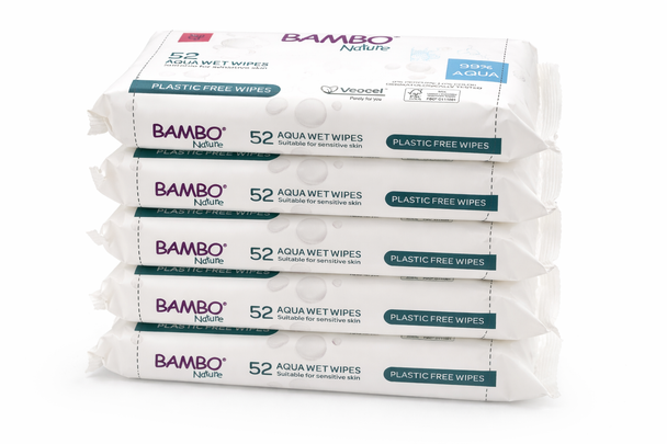 Bambo Nature Aqua Wet Wipes 5 packs (260 Wipes) Plastic Free Dermatologically Tested for Sensitive Skin