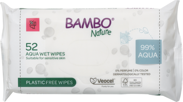 Bambo Nature Aqua Wet Wipes 12 packs (624 Wipes) Plastic Free Dermatologically Tested for Sensitive Skin