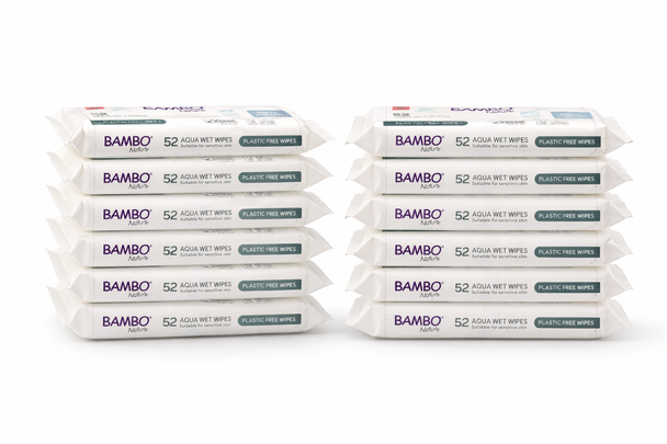 Bambo Nature Aqua Wet Wipes 12 packs (624 Wipes) Plastic Free Dermatologically Tested for Sensitive Skin
