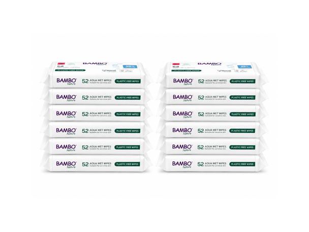 Bambo Nature Aqua Wet Wipes 12 packs (624 Wipes) Plastic Free Dermatologically Tested for Sensitive Skin