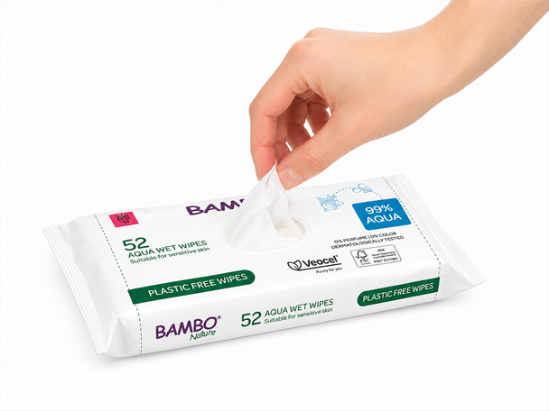 Bambo Nature Aqua Wet Wipes 12 packs (624 Wipes) Plastic Free Dermatologically Tested for Sensitive Skin