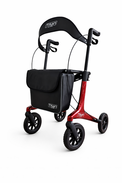 Titan Carbon Fibre Rollator Red Ultralight 4 Wheel Walker with Backrest and Bag