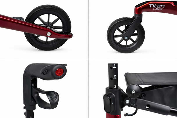 Titan Carbon Fibre Rollator Red Ultralight 4 Wheel Walker with Backrest and Bag