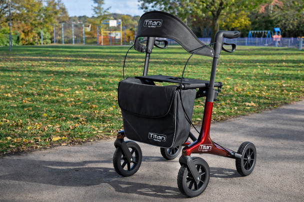 Titan Carbon Fibre Rollator Red Ultralight 4 Wheel Walker with Backrest and Bag