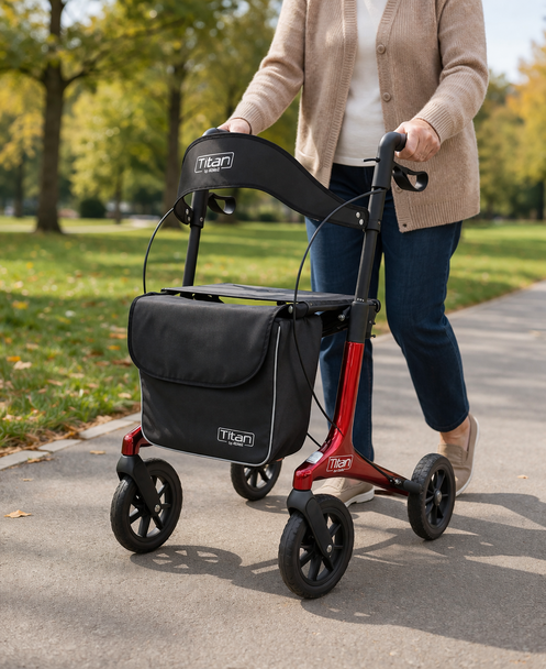 Titan Carbon Fibre Rollator Red Ultralight 4 Wheel Walker with Backrest and Bag