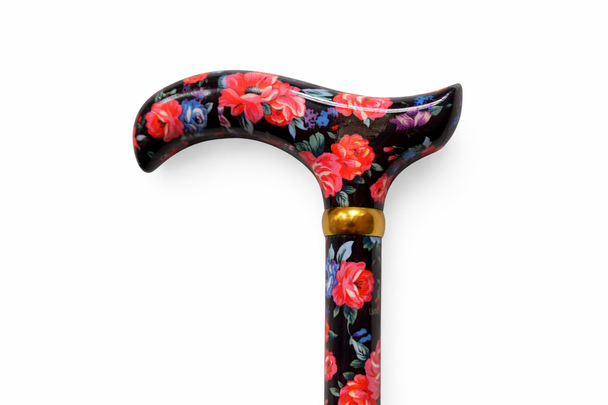 Floral Folding Walking Stick Cane Height Adjustable in Blue and Red Flowers