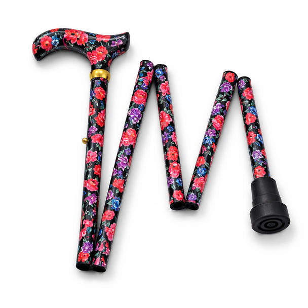Floral Folding Walking Stick Cane Height Adjustable in Blue and Red Flowers Derby Handle