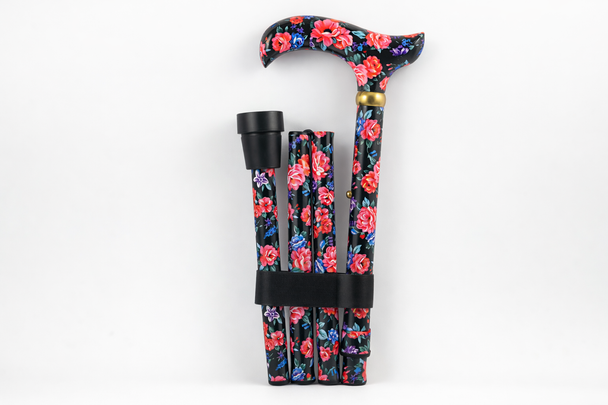 Floral Folding Walking Stick Cane Height Adjustable in Blue and Red Flowers Derby Handle
