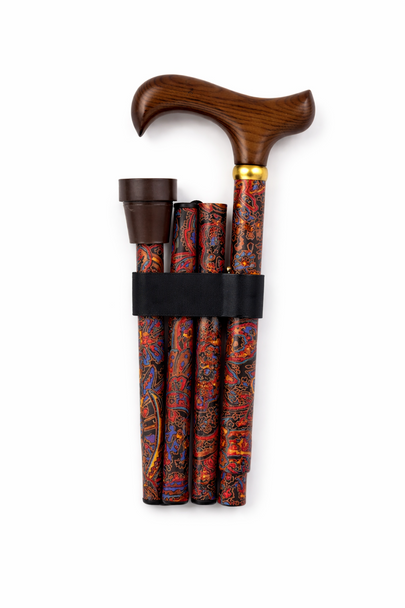 Red Paisley Pattern Folding Walking Stick Cane Height Adjustable Derby Handle
