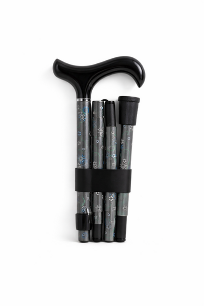 Carbon Fibre Folding Walking Stick Cane Height Adjustable in Grey Shaft Derby Handle