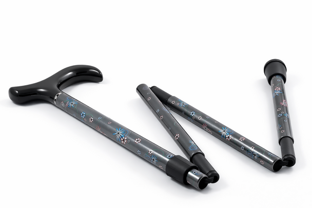 Carbon Fibre Folding Walking Stick Cane Height Adjustable in Grey Shaft Derby Handle