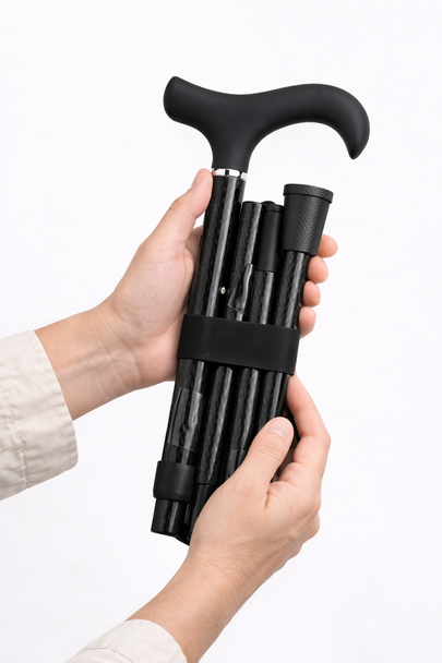 Carbon Fibre Folding Walking Stick Cane Height Adjustable in Black Diamond Derby Handle