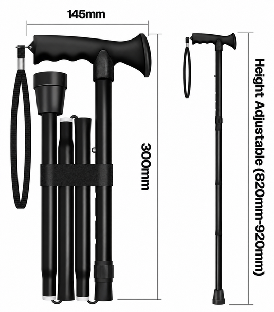 Black Gel Handled Height Adjustable Folding Walking Stick