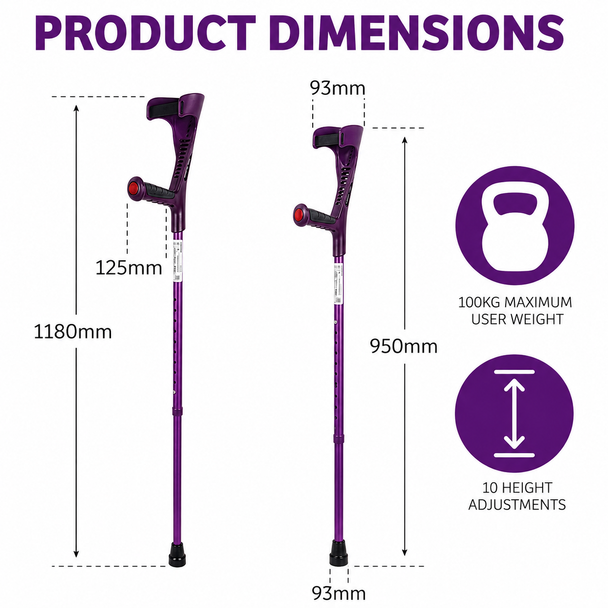 Pair of Purple Forearm Crutches Height Adjustable Lightweight with Strap
