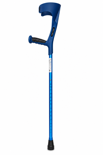 Single Blue Forearm Crutch Height Adjustable Lightweight with Strap Open Cuff