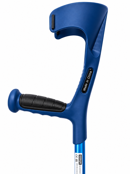 Single Blue Forearm Crutch Height Adjustable Lightweight with Strap Open Cuff