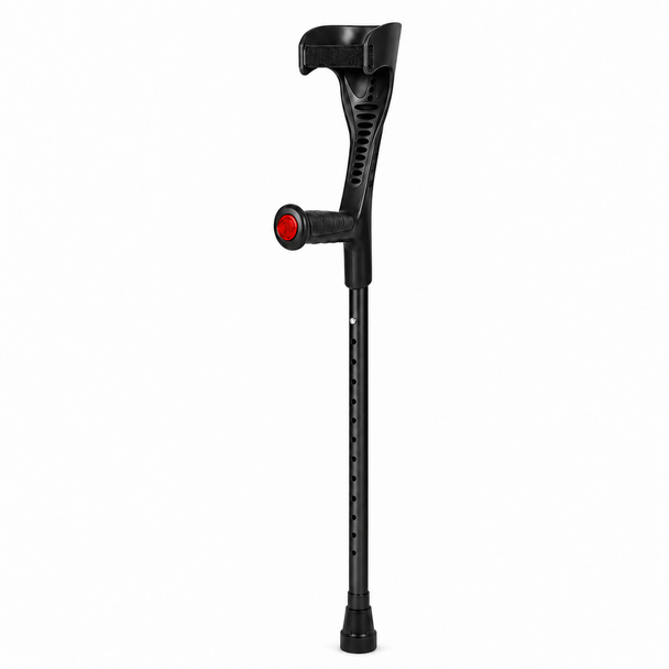 Single Black Forearm Crutch Height Adjustable Lightweight with Strap Open Cuff