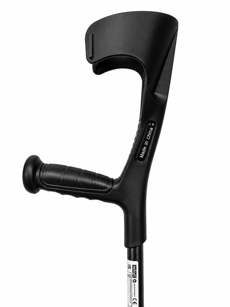 Single Black Forearm Crutch Height Adjustable Lightweight with Strap Open Cuff