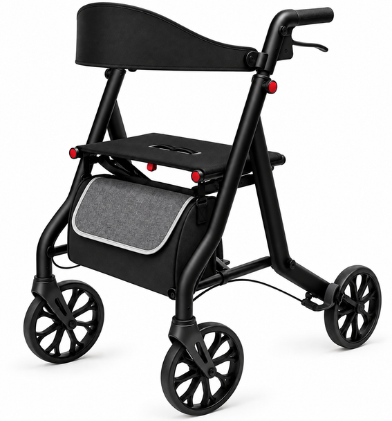 Starlite Lightweight Folding Rollator in Matt Black with Seat, Backrest & Storage Bag
