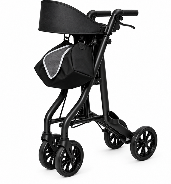 Starlite Lightweight Folding Rollator in Matt Black with Seat, Backrest & Storage Bag