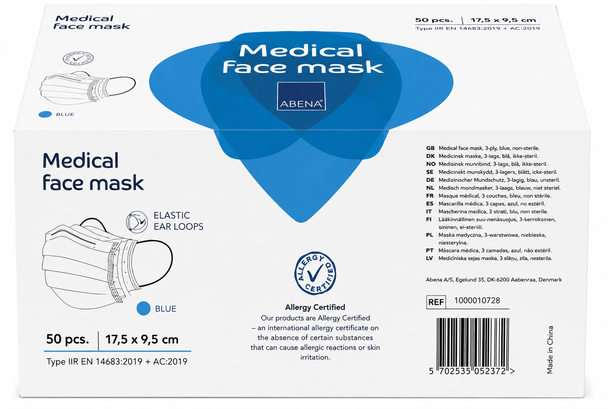 Abena 50pk 3ply Disposable Facemask with Earloops Type IIR