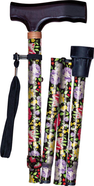 Black Floral Folding Height Adjustable Walking Stick Cane with Strap