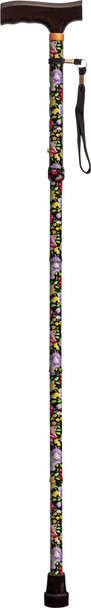 Black Floral Folding Height Adjustable Walking Stick Cane with Strap