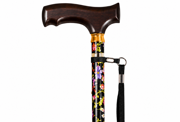 Black Floral Folding Height Adjustable Walking Stick Cane with Strap