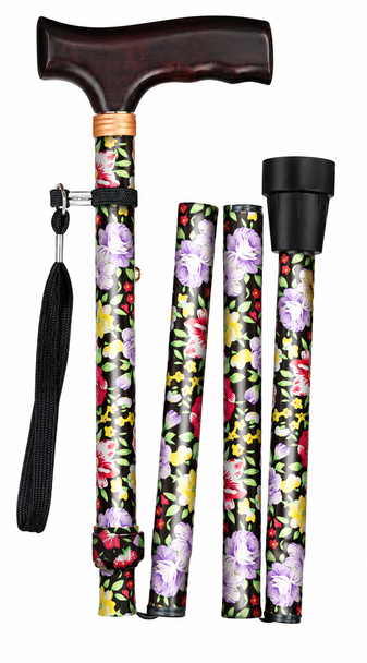 Black Floral Folding Height Adjustable Walking Stick Cane with Strap