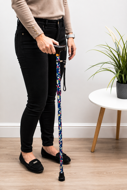 Blue Floral Folding Height Adjustable Walking Stick Cane with Strap
