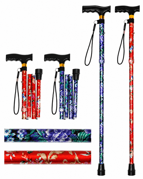 Pack of Two Folding Height Adjustable Walking Sticks Floral Design