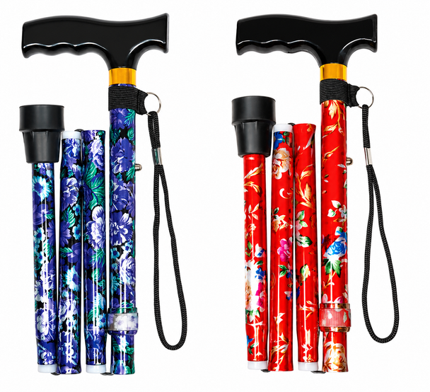 Pack of Two Folding Height Adjustable Walking Sticks Floral Design