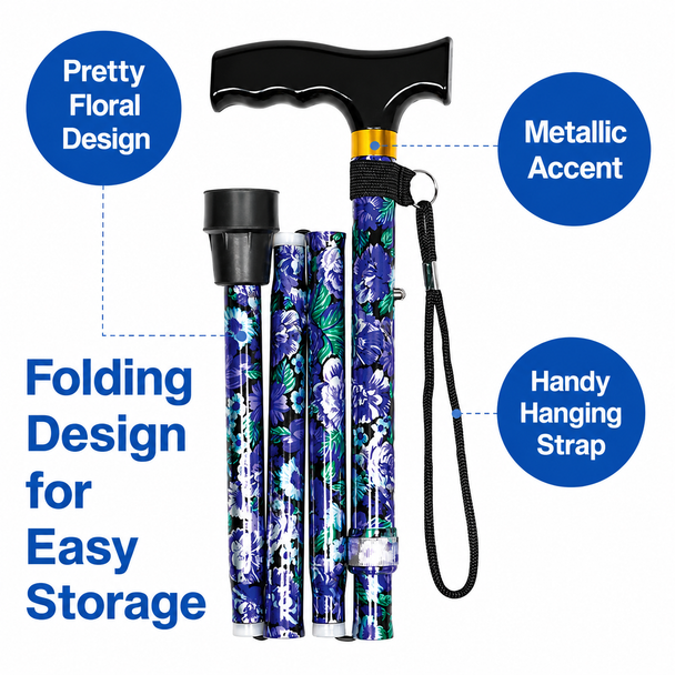 Pack of Two Folding Height Adjustable Walking Sticks Floral Design
