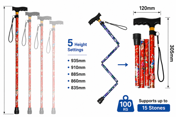 Pack of Two Folding Height Adjustable Walking Sticks Floral Design