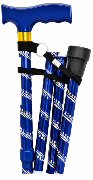 Blue Plastic Handled Height Adjustable Walking Stick with Engraved Pattern