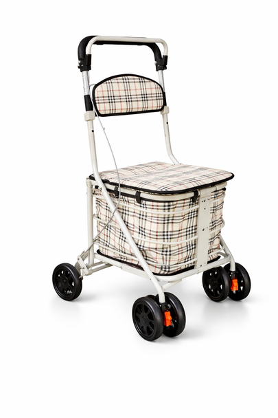 Folding Shopping Trolley/Rollator with Seat & Back Rest in Brown Check