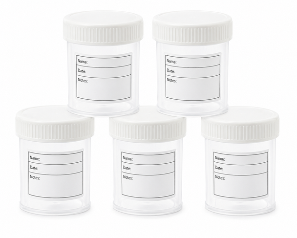 Specimen Container Jars 60ml with Patient Label and Volume Markers per 5